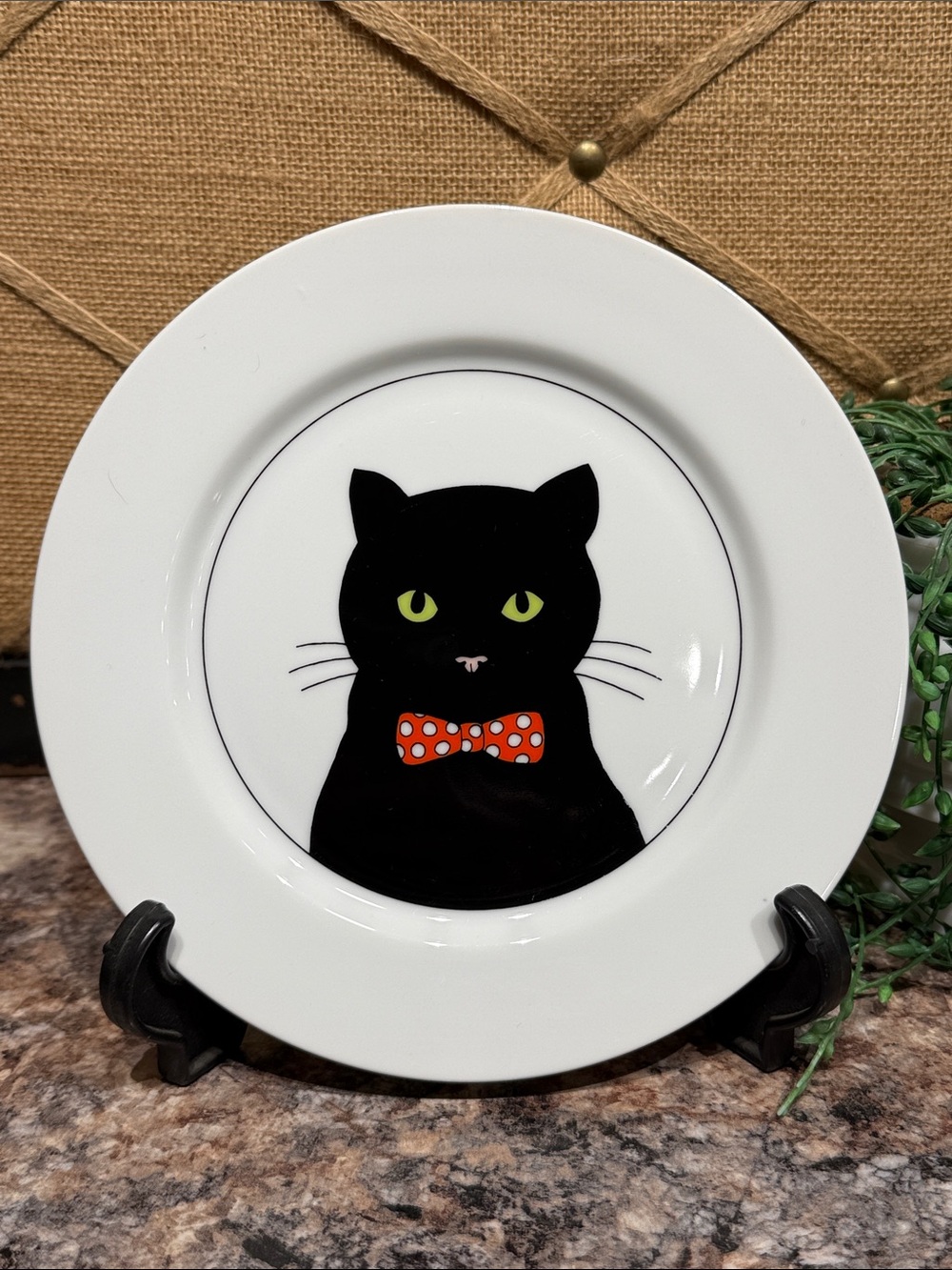 Department 56 Black Cat Plate with Red Polka Dot Bow